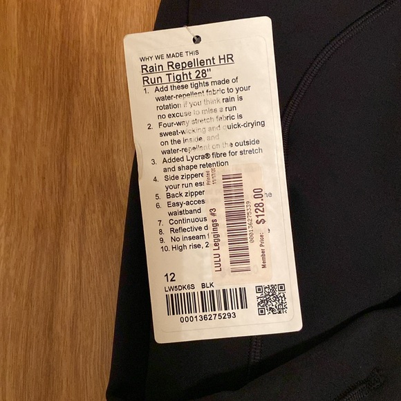 NWT Lululemon rain-repellent HR Run Tights,sz 12, length 28”. Logo on left calf. - Picture 3 of 14